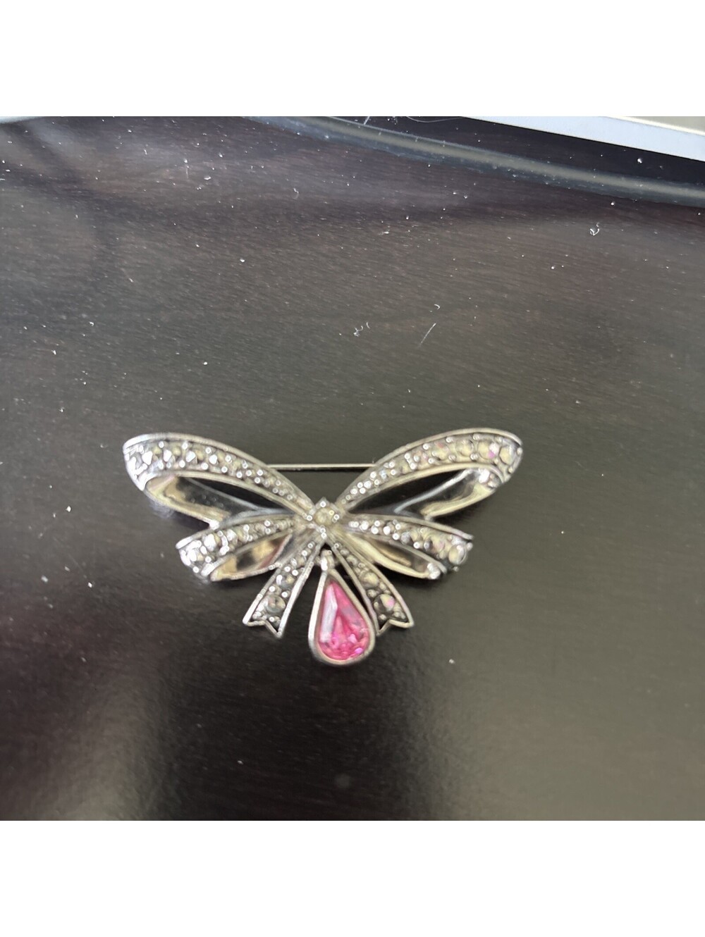 Brooch Avon Bow Rhinestone White Violet Black Silver